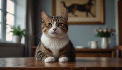 Wall Mural - Close-Up of a Domestic Cat on a Wooden Table