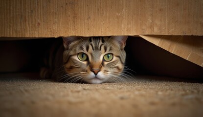 Wall Mural - Curious Cat Peeking from Under Cardboard