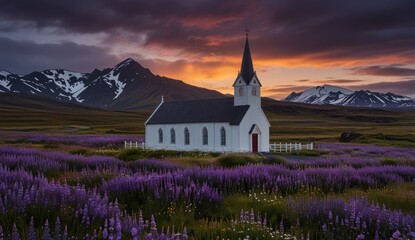 Wall Mural - Charming Church Surrounded by Lupine Flowers at Sunset