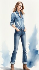 watercolor illustration of a woman wearing denim shirt background