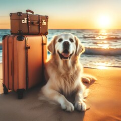 Wall Mural - Golden retriever dog with suitcase on a beach during sunset. Outdoor photography of a dog ready for travel.