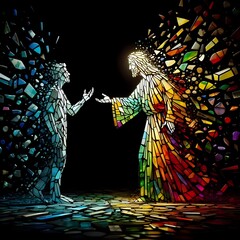 Wall Mural - colorful geometric illustration of  Jesus son of God with open arms .heaven and cross, love and salvation concept.