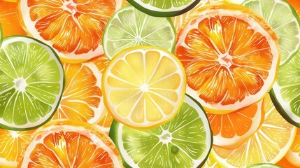 A close-up pattern of vibrant orange, yellow, and green citrus fruit slices painted in a watercolor style