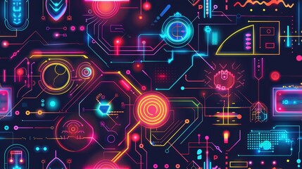 Poster - A digital pattern featuring neon lights and geometric shapes, creating a futuristic, cyberpunk aesthetic