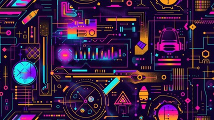 Poster - A seamless pattern with glowing neon lines, geometric shapes, and futuristic elements, all on a dark background