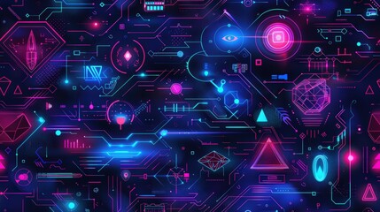 Poster - A digital artwork featuring a futuristic pattern with neon lights and geometric shapes in shades of blue and pink