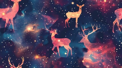 Poster - A seamless pattern featuring deer silhouettes in front of a galaxy with nebulae and stars