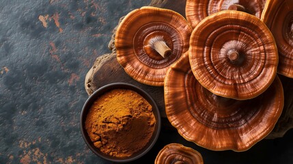 flat lay of baobab fruit and powder with a rustic wooden background.