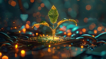 Poster - Brightly glowing plant rooted in a computer chip, illustrating digital ecology, with an out-of-focus technological background