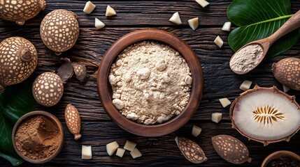 Wall Mural - Flat lay of baobab fruit and powder with a rustic wooden background.