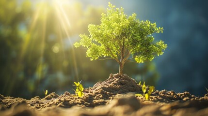 a single young tree sapling stands tall in a bed of soft soil, bathed in the warm glow of the mornin