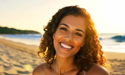 Wall Mural - Joyful woman with brown curly hair smiles happily at the camera on a sandy beach