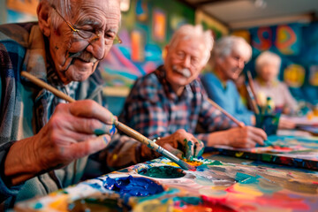 a close-up scene of a senior group painting session in a painting shop