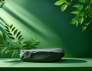  Green Background Podium for Nature Beauty- An abstract rock podium with green leaf shadows,_1(236)