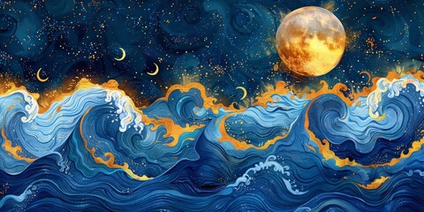 Wall Mural - Magical fairytale ocean waves art painting. Unique blue and gold wavy swirls of magic water. Fairytale navy and yellow sea waves. Childrenâ€™s book waves cartoon illustration for kids, Generative AI