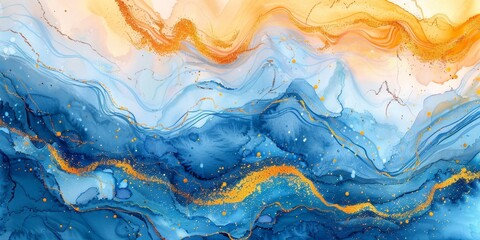 Wall Mural - Abstract blue wave with gold lines watercolor texture painting. Colorful art navy, yellow wavy ink lines fairytale background. Bright colorful water waves. Ocean beach illustration, Generative AI