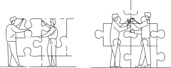 Aufkleber - Businessman making puzzle tower as a symbol of teamwork. Single line illustration