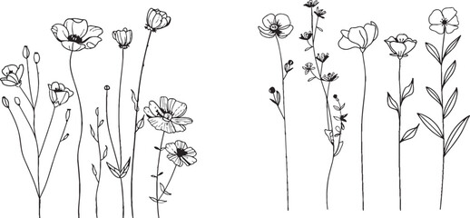 Fototapete - An abstract set of three modern one line art flowers based on natural elements