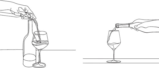 Aufkleber - A continuous outline of wine icon with a glass and bottle. One line icon with glass goblet. Wine glass icon. Continuous outline of wine icon with bottle.