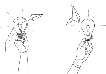 Leinwandbilder - A hand holding a light bulb and paper plane is drawn on a white background in continuous line. This illustration is modern and isolated.