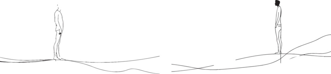 Poster - Depressed, thoughtful man walks backward behind a line drawing of the rear view.