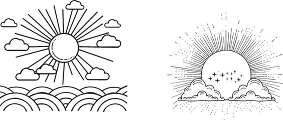 Leinwandbilder - The sun and cloud are drawn in a continuous line. A linear symbol represents the sky. Isolated on white, the image represents a modern design.