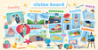 © NADEZHDA - Wish board with pictures. Visualization of all aspects of a person. Family, travel, success, finances, health, work and hobbies. Vector illustration in flat cartoon style.