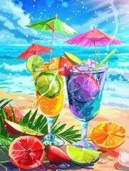Aufkleber - Two colorful cocktails with fruit garnishes, umbrellas, and a straw sit on a sandy beach. Waves crash in the ocean behind them, and the sky is a vibrant blue. Generative AI
