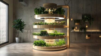 Poster - A modern indoor vertical garden with grow lights and a variety of plants in a minimalist space.
