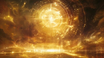 a celestial portal glowing with golden light, symbolizing a mystical gateway to the unknown.