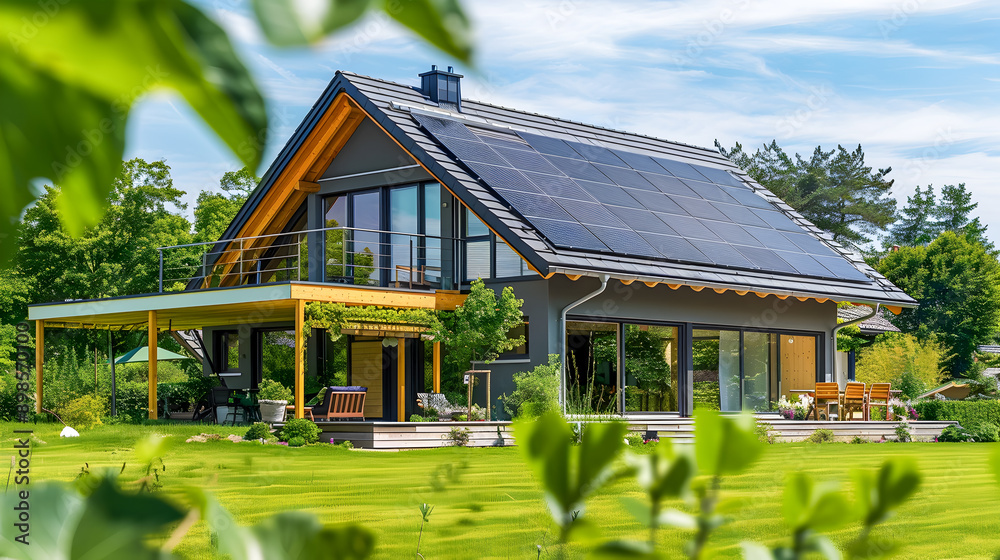 A modern and eco friendly house with sleek solar panels on the roof set ...