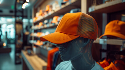 Wall Mural - mock up of orange trucker hat in store, displayed on mannequin, store background with accessories rack, Ai generated Images