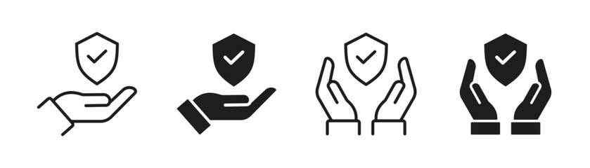 Insurance hand line and flat icon set. Shield with checkmark on hand symbol. Protection icon. Vector
