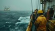 © Siti - Offshore oil rig with workers in protective gear. Harsh lighting from floodlights. Ocean waves and distant horizon