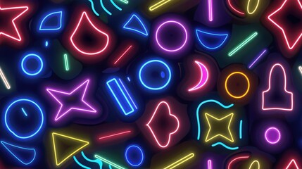 Poster - A vivid arrangement of glowing neon shapes radiates energy in a dark space, creating a captivating visual experience