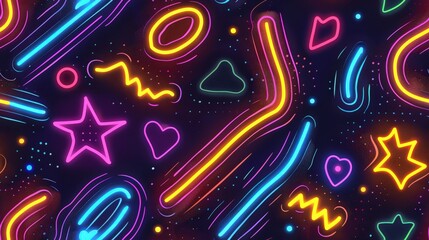 Poster - Brightly colored neon shapes glow against a dark background, creating a lively and energetic atmosphere filled with vibrant patterns and colors