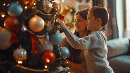 Wall Mural - A happy family decorates a Christmas tree in a cozy living room, garlands and colorful balloons, festive mood