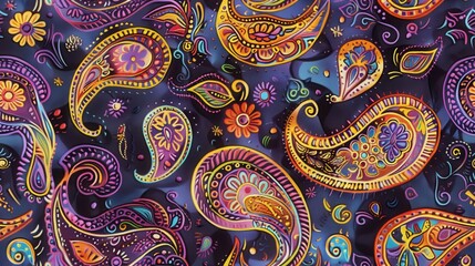 Poster - A rich paisley pattern displays intricate designs with bright colors and floral motifs against a dark background, showcasing artistic creativity and bold aesthetics