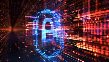 A glowing digital padlock icon on a background of abstract binary code.  The image represents cybersecurity, data protection, and digital security.