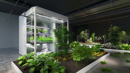 Poster - A contemporary indoor area contains a vertical garden with an automated system for growing plants and herbs. LED lights are used for efficient growth, and the garden is well-kept