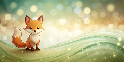 A cute, cartoon fox stands on a whimsical, colorful landscape filled with dreamy, glowing orbs. The background features a gradient of soft green and yellow hues with curved lines and sparkling dots.AI