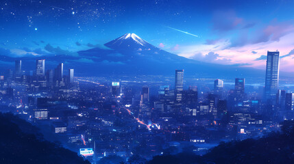 Wall Mural - Starry sky, night view of the Tokyo cityscape with Mount Fuji in the background, illustration