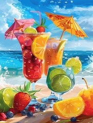 Aufkleber - Three cocktails with bright fruit garnishes and colorful umbrellas sit on a sandy beach in front of a blue ocean. Generative AI