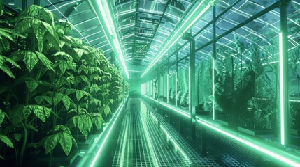 Poster - A long, narrow greenhouse illuminated by fluorescent lights. Rows of plants grow along the sides of the walkway.