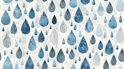 Poster - Raindrops in various shades of blue and grey cascade down against a light background, creating a soothing, abstract rain pattern