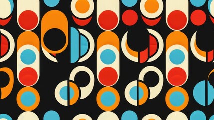 Poster - Colorful retro pattern showcases fun shapes in vibrant hues against a striking dark backdrop, evoking a sense of nostalgia and creativity