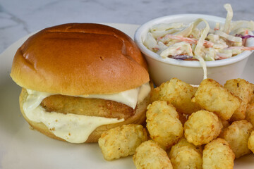 Wall Mural - fish fillet sandwich  with tater tots and cole slaw