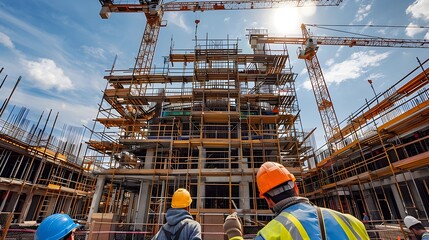 Poster - Busy Construction Site with Cranes Scaffolding and Workers in Safety Gear