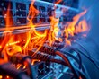 © Pornarun - A server rack engulfed in flames, highlighting the dangers of electrical fires in data centers.