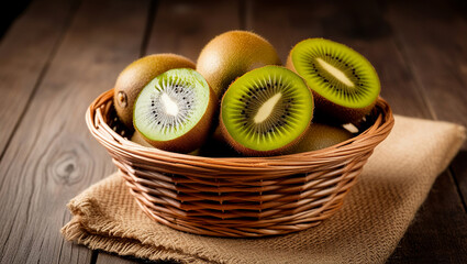 Wall Mural - Basket full of kiwi fruits on a wooden table, Close up of kiwi fruit on a wooden background, Fresh cut kiwi fruits background